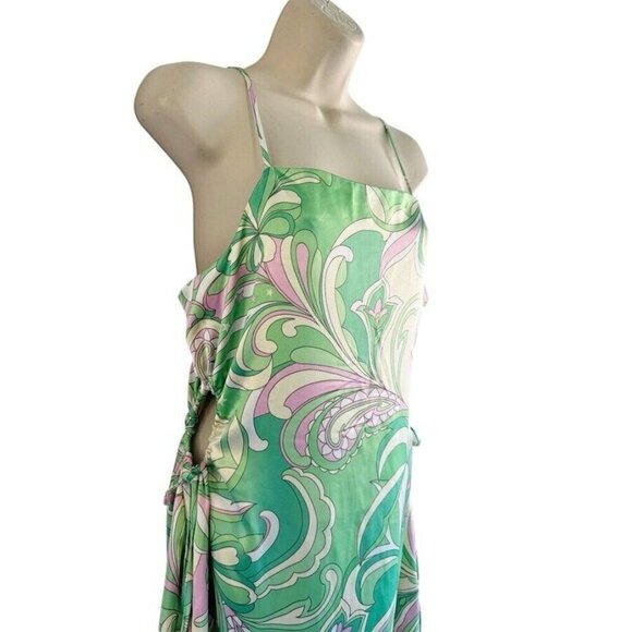 Christian Lacroix Woman's Sz L Green Pink Paisley Satin Keyhole Side Dress - Picture 3 of 11